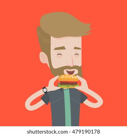 A hipster man with the beard eating hamburger. Happy man with eyes closed biting hamburger. Young smiling man is about to eat delicious hamburger. Vector flat design illustration. Square layout.