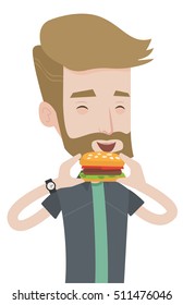 Hipster man with beard eating hamburger. Happy man with eyes closed biting hamburger. Caucasian man is about to eat delicious hamburger. Vector flat design illustration isolated on white background.