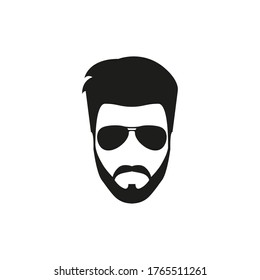 Cara de barba de hombre hipster con icono de gafas en plano. Ilustración de boceto moderno