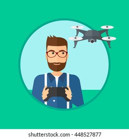 A hipster man with the beard flying drone with remote control. Man operating a drone with remote control. Man controlling a drone. Vector flat design illustration in the circle isolated on background.