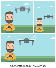 A hipster man with the beard flying drone with remote control. Man operating a drone with remote control. Man controling a drone. Vector flat design illustration. Square, horizontal, vertical layouts.