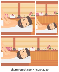A hipster man with the beard getting a back massage in the spa center. Man having back massage in the spa salon. Vector flat design illustration. Square, horizontal, vertical layouts.