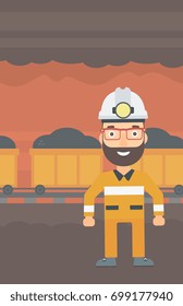 A hipster man with the beard in hardhat with torch on the background of mining tunnel with cart full of coal vector flat design illustration. Vertical layout. 