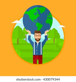 A hipster man with the beard holding a big globe model over his head in the park. Vector flat design illustration in the circle isolated on background.