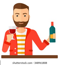 A hipster man with the beard holding a bottle and a glass in hands vector flat design illustration isolated on white background. Square layout.