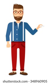 Un hombre hipster con la barba sosteniendo una tiza en la ilustración de diseño plana vectorial de mano aislado en el fondo blanco. Diseño vertical.