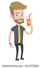 Hipster man with beard holding cocktail glass with drinking straw. Joyful man drinking cocktail. Caucasian man celebrating with cocktail. Vector flat design illustration isolated on white background.