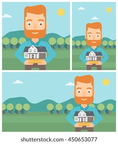 A hipster man with the beard holding house model in hands on the background of mountains. Real estate agent with house model. Vector flat design Illustration. Square, horizontal, vertical layouts.