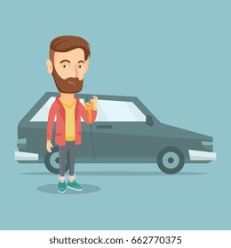 Un hombre hipster con barba sostiene las llaves de su auto nuevo. Hombre feliz mostrando la llave de su auto nuevo. Joven caucásico parado en el fondo de un auto nuevo. Ilustración de diseño plana vectorial. Diseño cuadrado.