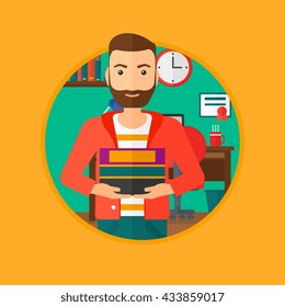 A hipster man with the beard holding pile of books. Man with pile of books in hands at home. Smiling student with stack of books. Vectr flat design illustration in the circle isolated on background.