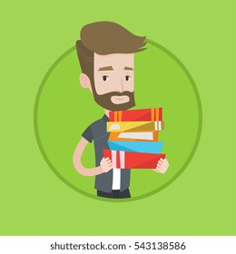 Hipster man with the beard holding a pile of educational books in hands. Young caucasian student carrying huge stack of books. Vector flat design illustration in the circle isolated on background.
