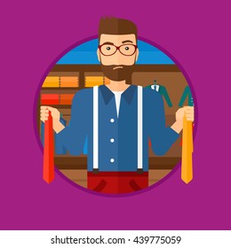 Un hombre hipster con la barba sosteniendo dos corbatas y tratando de elegir la mejor. El cliente elige corbata en la tienda de ropa. Ilustración de diseño plana vectorial en el círculo aislado en el fondo.