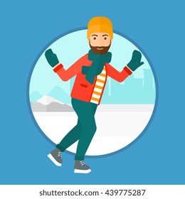 A hipster man with the beard ice skating on frozen lake on a city background. Young sportsman ice skating outdoors on a pond. Vector flat design illustration in the circle isolated on background.