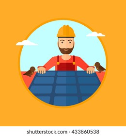 A hipster man with the beard installing solar panels on roof. Technician in inuform and hard hat checking solar panels on roof. Vector flat design illustration in the circle isolated on background.