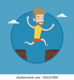 Hipster man with the beard jumping across the gap from one rock to another. Young caucasian sportsman jumping over rocks with gap. Vector flat design illustration in the circle isolated on background.