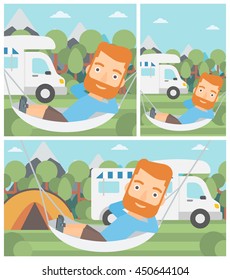 Hipster man with the beard lying in a hammock in front of motor home. Man resting in hammock and enjoying vacation in camper van. Vector flat design illustration. Square, horizontal, vertical layouts.