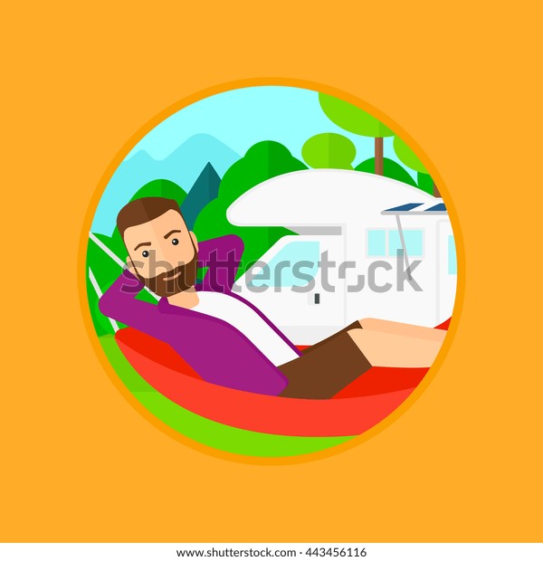Hipster man with the\
beard lying in a hammock in front of motor home, enjoying vacation\
in camper van. Vector flat design illustration in the circle\
isolated on\
background.