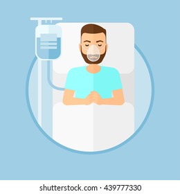 Hipster man with the beard lying in hospital bed with oxygen mask. Man during medical procedure with drop counter at medical room. Vector flat design illustration in the circle isolated on background.