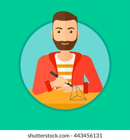 Un hombre hipster con barba haciendo un modelo con un bolígrafo 3D. Ingeniero trabajando con un lápiz tridimensional. Ilustración de diseño plana vectorial en el círculo aislado en el fondo.