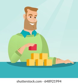 Homem hipster com barba fazendo a pirâmide da rede social. Homem caucasiano sorridente construindo sua rede social. Conceito de rede e comunicação. Ilustração de design plano vetorial. Layout quadrado.
