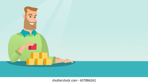 Hipster man with beard making the pyramid of social network. Smiling caucasian man building his social network. Networking and communication concept. Vector flat design illustration. Horizontal layout
