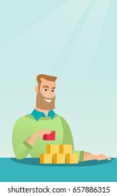 Hipster man with beard making the pyramid of social network. Smiling caucasian man building his social network. Networking and communication concept. Vector flat design illustration. Vertical layout.