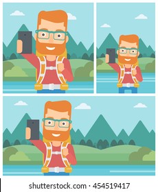 A hipster man with the beard making selfie on the background of mountains. Man with backpack taking photo with cellphone. Vector flat design illustration. Square, horizontal, vertical layouts.
