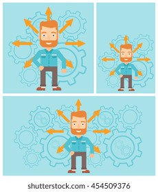 A hipster man with the beard with many arrows around his head standing on background with cogwheels. Concept of career choices. Vector flat design illustration. Square, horizontal, vertical layouts.