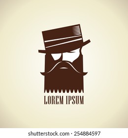 Hipster Man With A Beard And Mustache In Hat Stylish Logo Template.