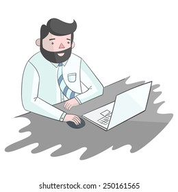 Hipster man beard with notebook laptop color vector illustration