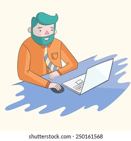 Hipster man beard with notebook laptop vivid color vector illustration