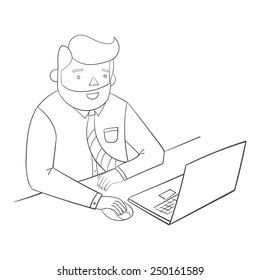 Hipster man beard with notebook laptop black and white vector illustration
