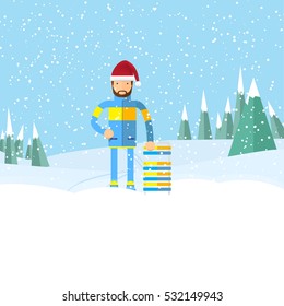 hipster man with beard on winter landscape,