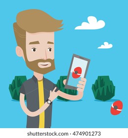 Hipster man with the beard playing action game on smartphone. Young man playing with his mobile phone outdoor. Man using smartphone for playing games. Vector flat design illustration. Square layout.