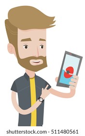 Hombre hipster con barba jugando a la acción en el smartphone. Joven jugando con su teléfono móvil. Hombre usando smartphone para jugar. Ilustración de diseño plana vectorial aislada en fondo blanco.