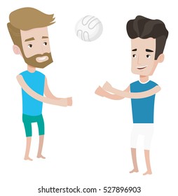 A hipster man with the beard playing beach volleyball with his friend. Two caucasian men having fun while playing beach volleyball. Vector flat design illustration isolated on white background.