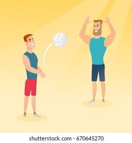 Hipster man with beard playing beach volleyball with his friend. Two young caucasian men having fun while playing beach volleyball during summer holiday. Vector flat design illustration. Square layout