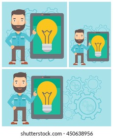 A hipster man with the beard pointing at a big tablet computer. Man standing near tablet computer with a light bulb on a screen. Vector flat design illustration. Square, horizontal, vertical layouts.