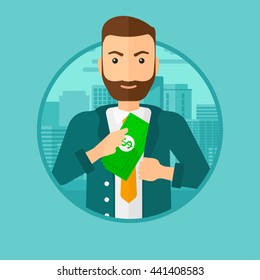 A hipster man with the beard putting money in his pocket on a city background. Vector flat design illustration in the circle isolated on background.