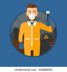 A hipster man with the beard in radiation protective suit. Man in radiation protective suit holding a test-tube with black liquid. Vector flat design illustration in the circle isolated on background.