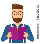 A hipster man with the beard reading a book vector flat design illustration isolated on white background. Vertical layout.
