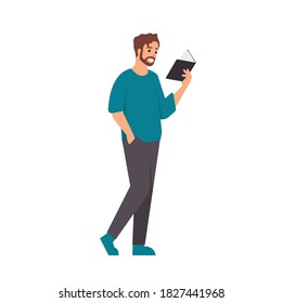 A hipster man with the beard reading a book vector flat design illustration isolated on white background. Vertical layout.