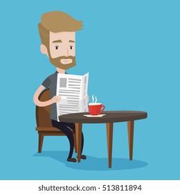 A hipster man with the beard reading newspaper. Young man reading news in newspaper. Caucasian man sitting with newspaper in hands and drinking coffee. Vector flat design illustration. Square layout.