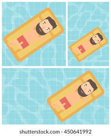 Hipster man with the beard relaxing on the air bed in the swimming pool. Young man enjoying his vacation. Vector flat design illustration. Square, horizontal, vertical layouts.