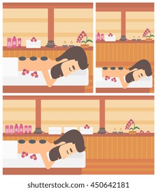 Hipster man with the beard relaxing while getting stone therapy massage in the spa center. Man having back massage in spa salon. Vector flat design illustration. Square, horizontal, vertical layouts.