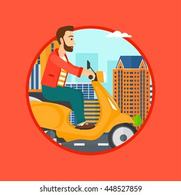 A hipster man with the beard riding a scooter on a city background. Young man driving a scooter in the street. Vector flat design illustration in the circle isolated on background..