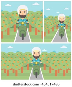 A hipster man with the beard riding a scooter on the asphalt road through the orchard. Young man in helmet driving a scooter. Vector flat design illustration. Square, horizontal, vertical layouts..