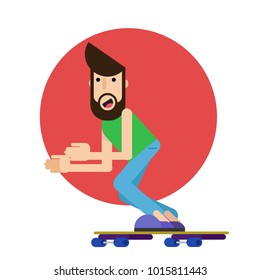 A hipster man with the beard riding a skateboard