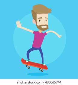 A hipster man with the beard riding a skateboard. Happy caucasian man skateboarding. Young skater riding a skateboard. Man jumping with skateboard. Vector flat design illustration. Square layout.