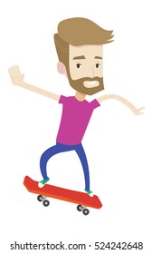 Hipster man with beard riding a skateboard. Caucasian man skateboarding. Young skater riding a skateboard. Man jumping with skateboard. Vector flat design illustration isolated on white background.